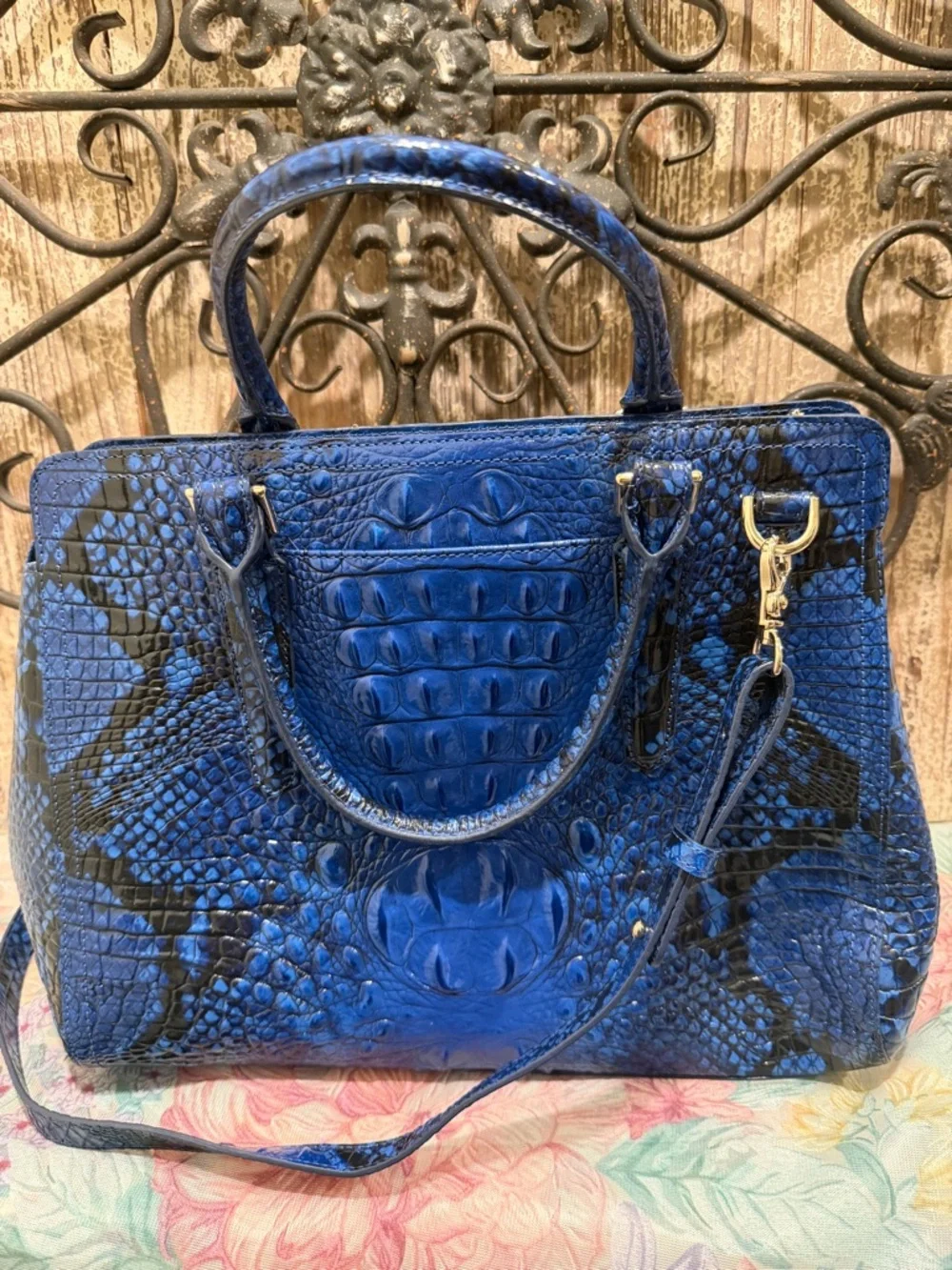 Brahmin Croc-Embossed Satchel Finley Blue Viper Ombre Melbourne leather purse